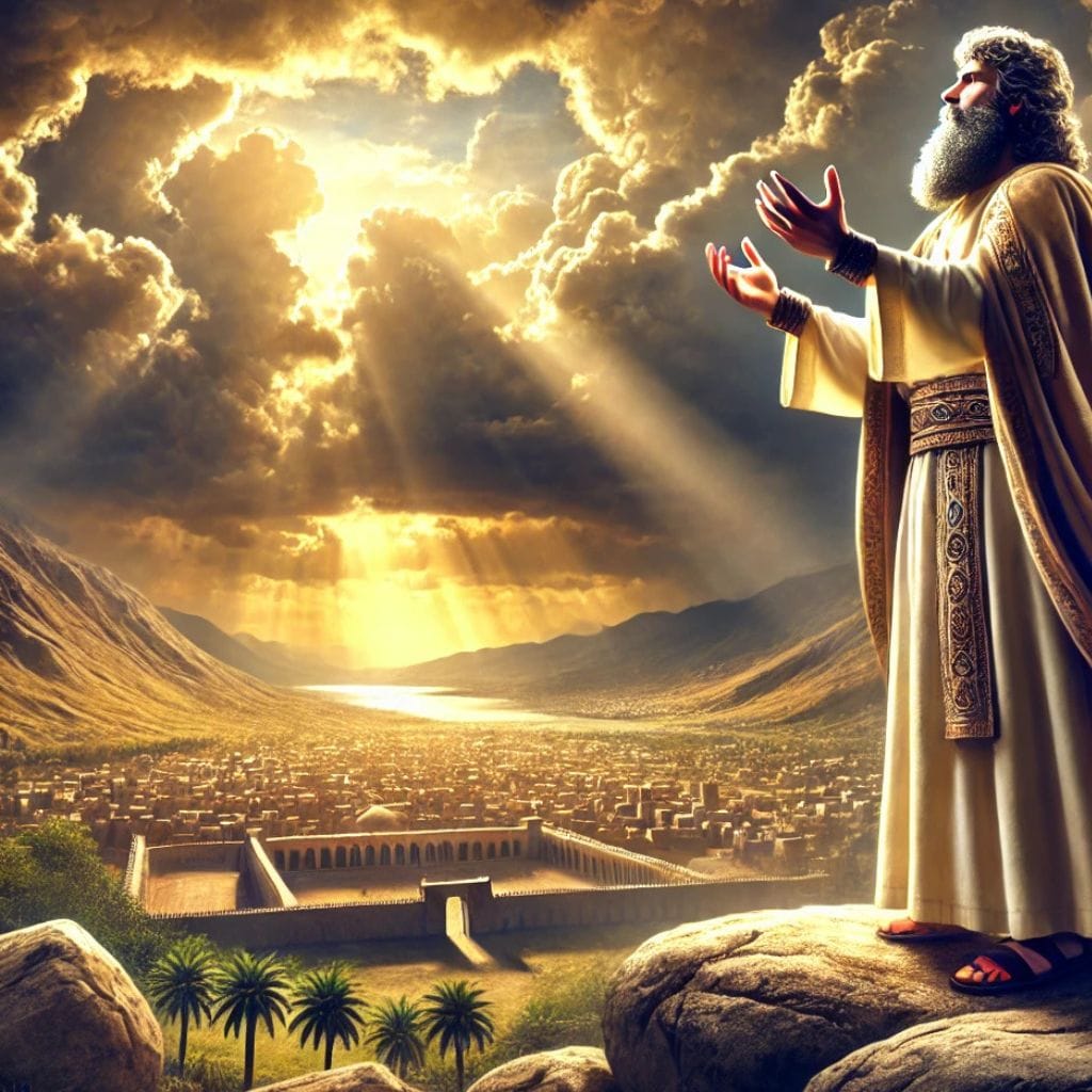 Um profeta no alto de um monte buscando a direção de Deus.