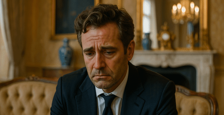 Um homem rico, bem vestido em um ambiente super sofisticado, porém triste.