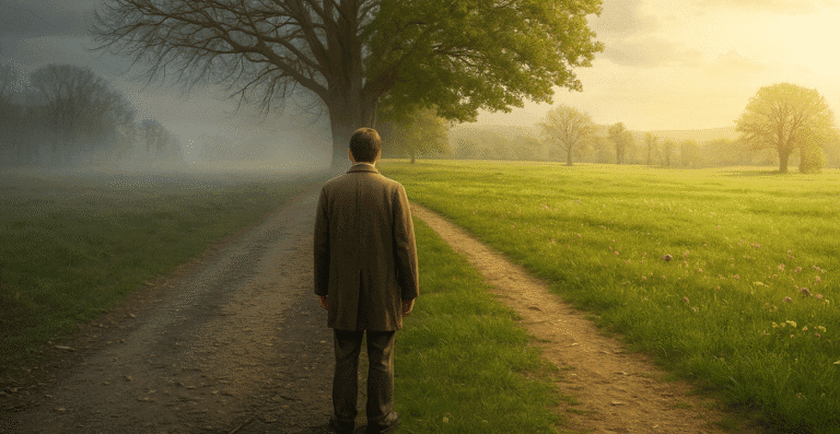 Um homem diante de um caminho obscuro e um caminho de pastor verdejantes.