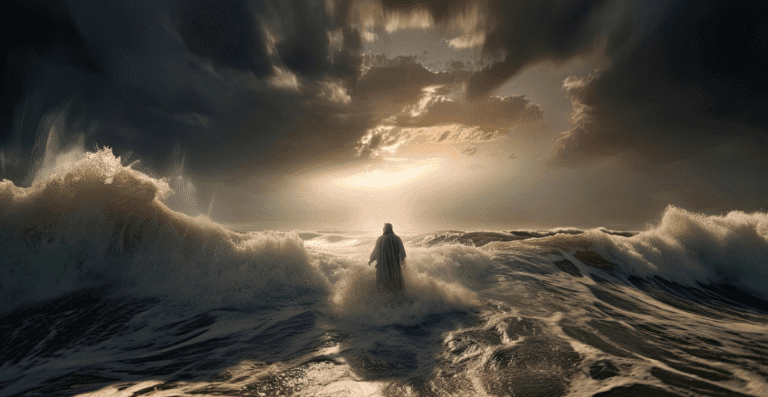 Jesus andando sobre as aguas em um mar revolto.