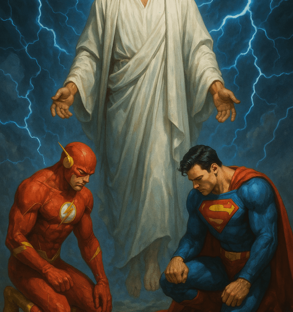 Dois heróis famosos da ficção cientifica ajoelhados diante de Jesus.