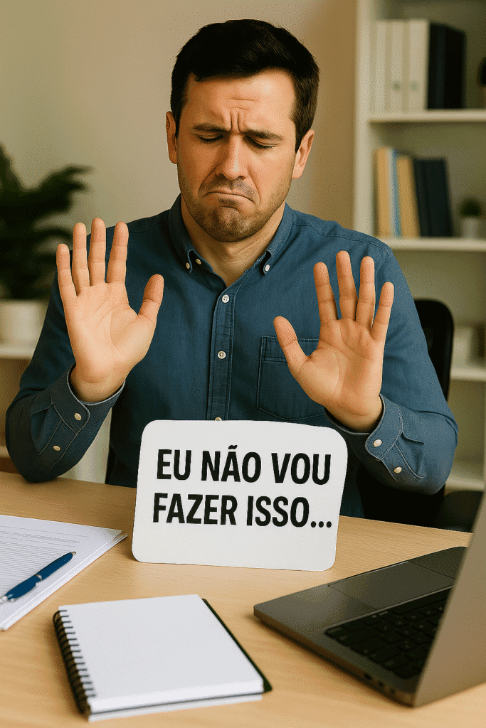 Um homem de mãos erguidas se recusando a fazer algo.