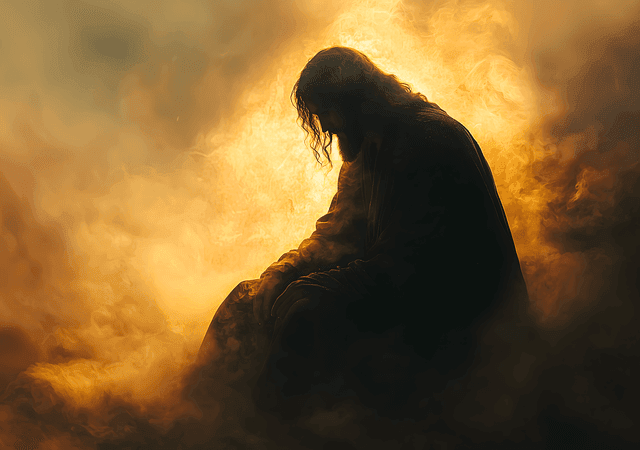 Uma sombra de silhueta humana representando Jesus orando